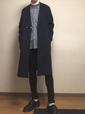 「EMMA CLOTHES（エマクローズ）のオーバーサイズビーバーメルトンVネックロングコート（ノーカラーコート）」を使った、ShuN.さん（メンズ・180cm）の秋コーディネート