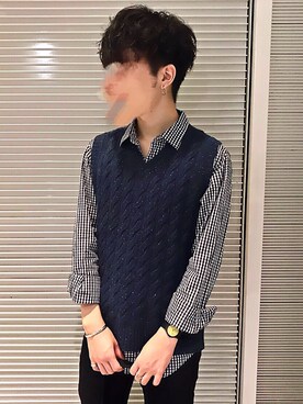 「BEAMS PLUS（ビームスプラス）のBEAMS PLUS / ケーブル ベスト（ベスト、ブルー系）」を使った、Seiya Taguchiさん（メンズ・166cm）の秋コーディネート