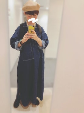 「デニムワンピース」｜「アイテム（ハンチング/ベレー帽）」を使った、Chii🌈さん（レディース・155cm）の春コーディネート