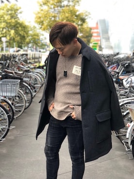 「AVIREX（アヴィレックス）のアイテム（ステンカラーコート）」を使った、れーやさん（メンズ・176cm）の秋コーディネート