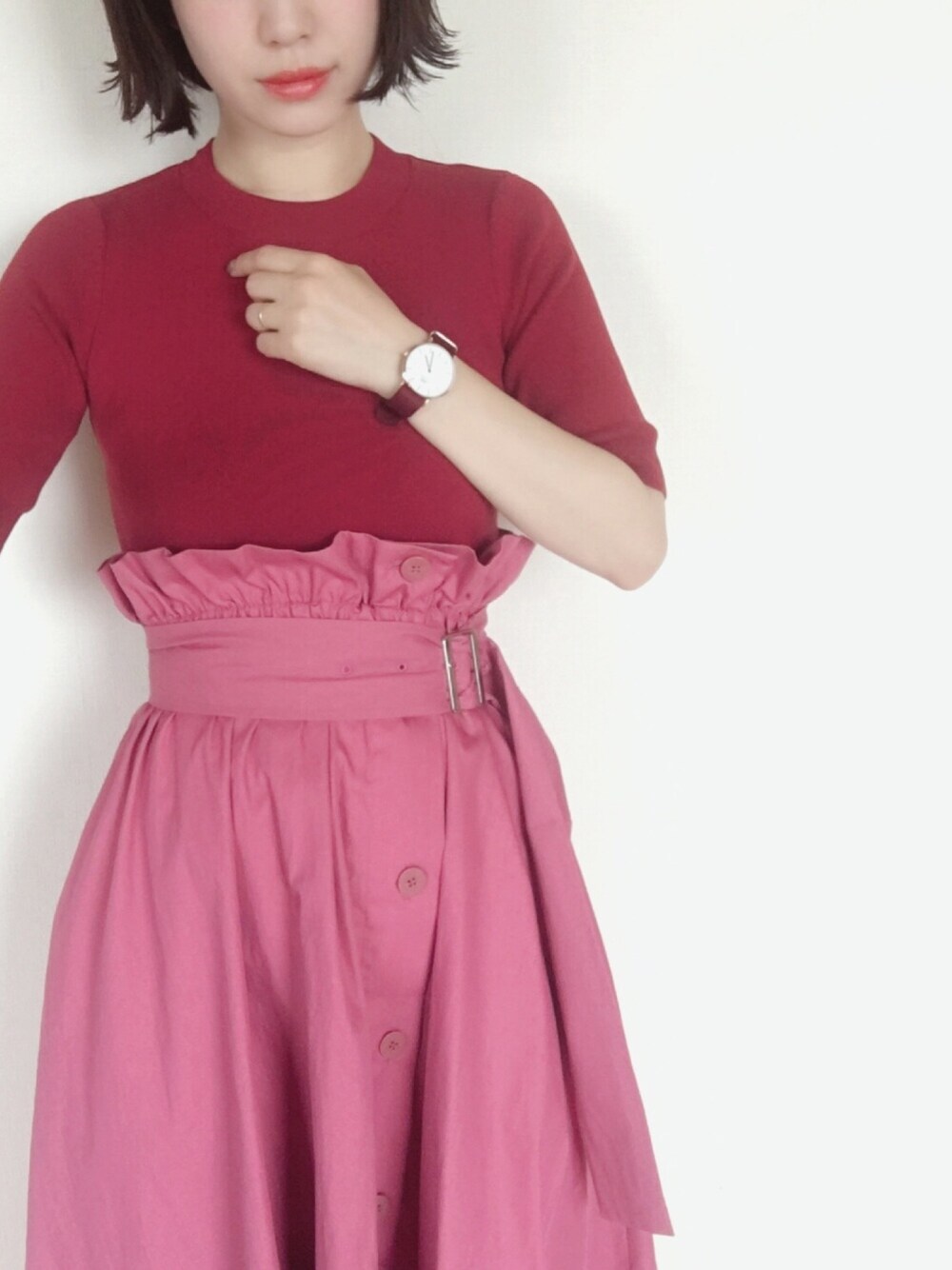 「シンプルコーデ、オトナカジュアル、カジュアル、おしゃれさんと繋がりたい、ピンク、ダニエルウェリントン、Daniel Wellington、ドッキングワンピ、トレンチスカート、ハイウエスト」｜「IG:mai1220のアイテム（その他、その他）」を使った、まいさん（レディース・164cm）の春コーディネートの1枚目の写真