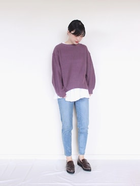 「ZOZO（ゾゾ）のスリムテーパードデニムパンツ［WOMEN］（デニムパンツ）」を使った、まいさん（レディース・164cm）の冬コーディネート