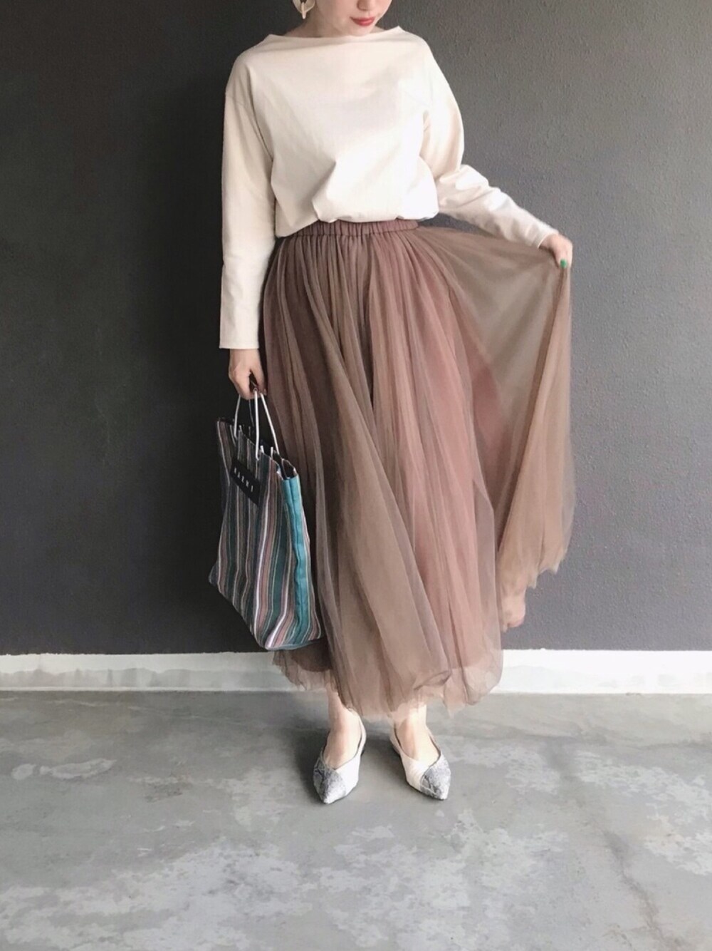 「lissiboutique、チュールスカート、カジュアル、きれいめカジュアル、ラクチンコーデ、ゆるコーデ、ZOZO、ブラウン、大人カジュアル、マキシスカート」｜「IG:mai1220のアイテム（その他、その他）」を使った、まいさん（レディース・165cm）の夏コーディネートの1枚目の写真