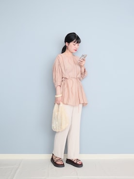 「LOWRYS FARM（ローリーズファーム）のセンタープレスカラーフレアパンツ　870189（その他パンツ）」を使った、まいさん（レディース・164cm）の夏コーディネート