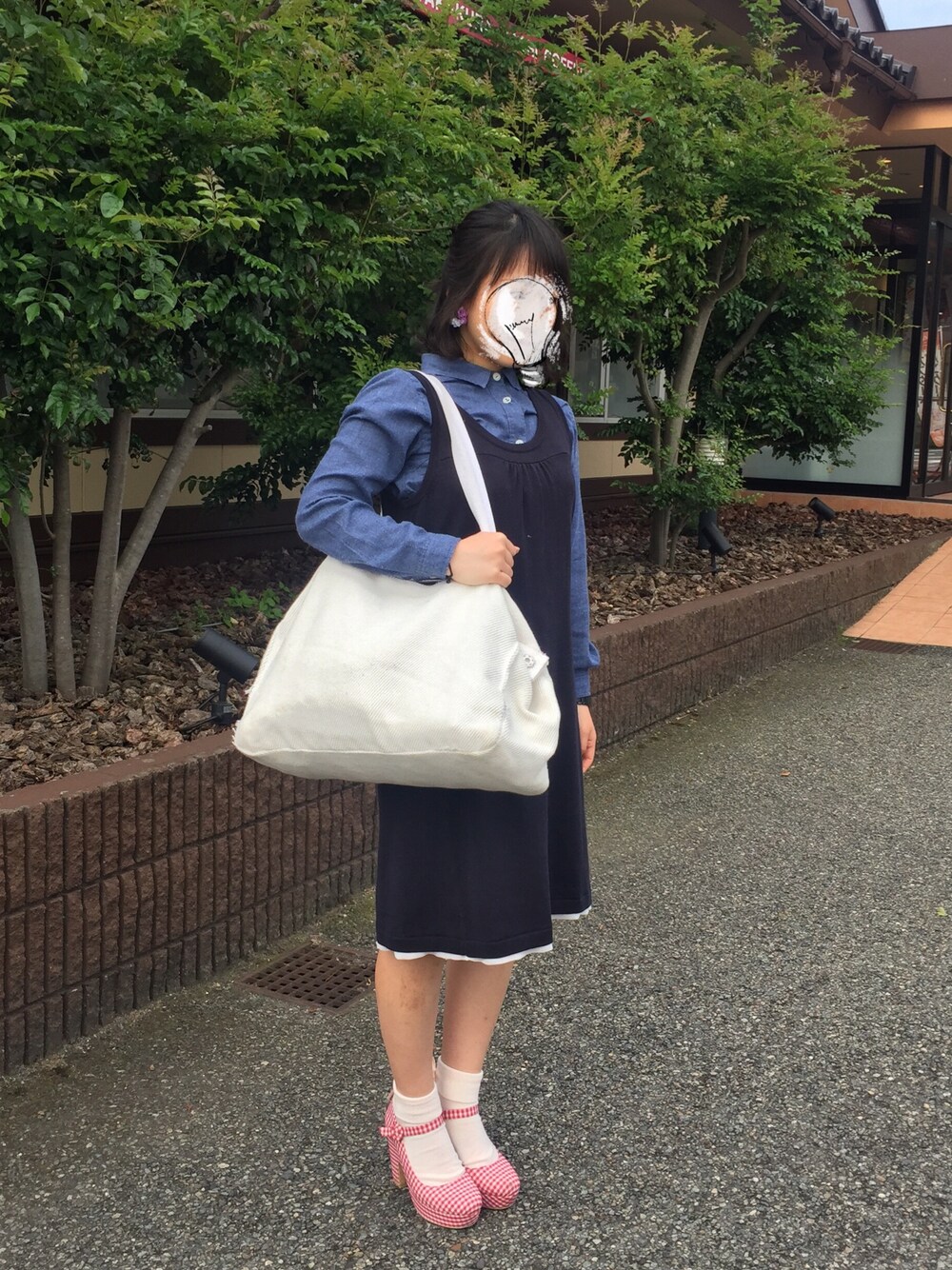 「ワンピース、シャツ、パンプス×靴下」｜「COMME CA ISMのアイテム（ワンピース、ブルー系）」を使った、*YUUKA*さん（レディース・152cm）の夏コーディネートの1枚目の写真
