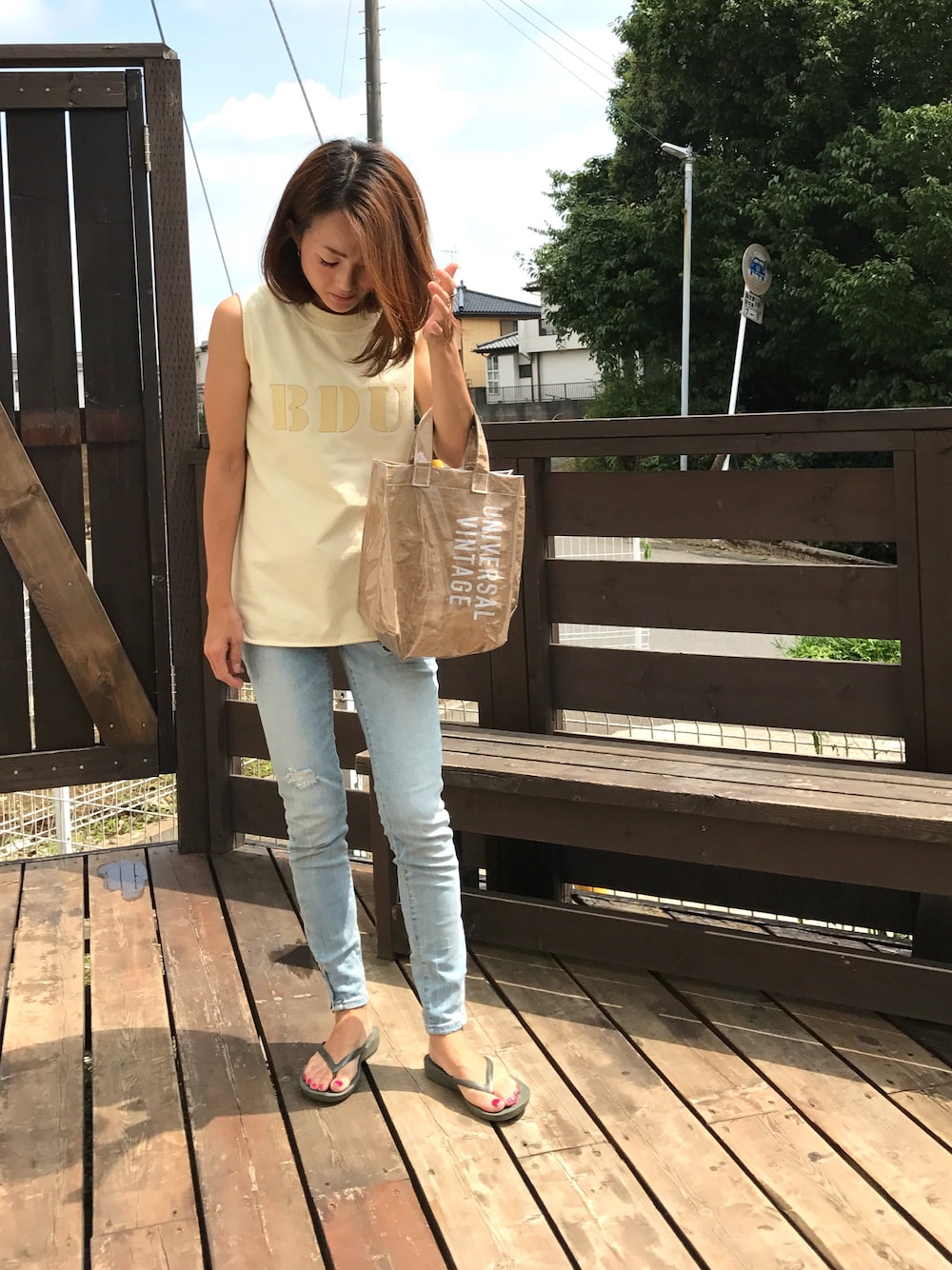 「バーベキュー」｜「Another EditionのクリアLOGOバッグ　S（トートバッグ、その他）」を使った、さっぴさん（レディース・154cm）の夏コーディネートの1枚目の写真