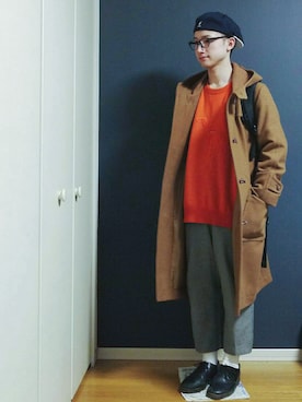「アイテム（ダッフルコート、ブラウン系）」を使った、Junさん（メンズ・171cm）の冬コーディネート