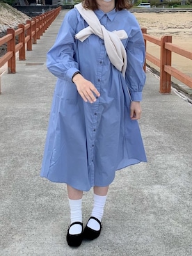 「ブルーコーデ」｜「アイテム（シャツワンピース）」を使った、hoさん（レディース・162cm）の夏コーディネート