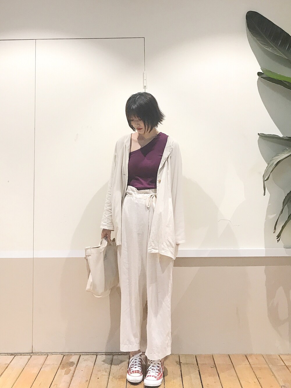 「Kastane、kastane_ootd、converse、ootd、夏、休闲」｜「Kastaneのテレコワンショルタンク（タンクトップ、パープル系）」を使った、爱吃榛子酱的水怪さん（レディース・175cm）の夏コーディネートの1枚目の写真