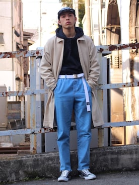 「JUNRED（ジュンレッド）のアイテム（ステンカラーコート）」を使った、yutakaさん（メンズ・173cm）の秋コーディネート