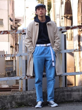 「JUNRED（ジュンレッド）のアイテム（ステンカラーコート）」を使った、yutakaさん（メンズ・173cm）の秋コーディネート