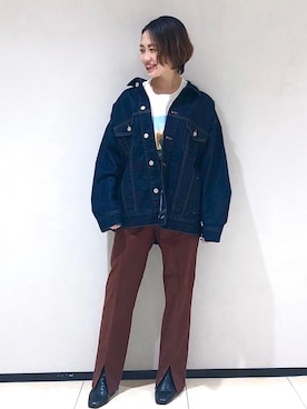 「スリットパンツ」｜「アイテム（デニムジャケット）」を使った、naaasuさん（レディース・149cm）の春コーディネート