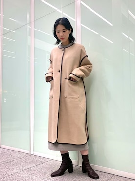 「ブラウンコーデ」｜「アイテム（ノーカラージャケット）」を使った、おさやさん（レディース・167cm）の冬コーディネート
