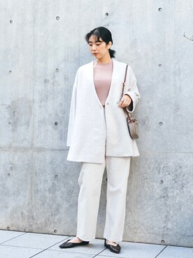 「SENSEOFPLACE」｜「アイテム（ノーカラージャケット）」を使った、おさやさん（レディース・167cm）の冬コーディネート