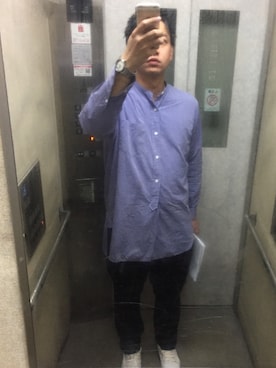 「COMOLI（コモリ）の【COMOLI】コモリ/BAND COLLAR SH（シャツ/ブラウス、ブルー系）」を使った、おーくしさん（メンズ・177cm）の夏コーディネート