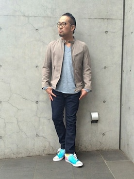 「The DUFFER of ST.GEORGE（ザダファーオブセントジョージ）のアイテム（ライダースジャケット）」を使った、KOBAYASHIさん（メンズ・176cm）の春コーディネート
