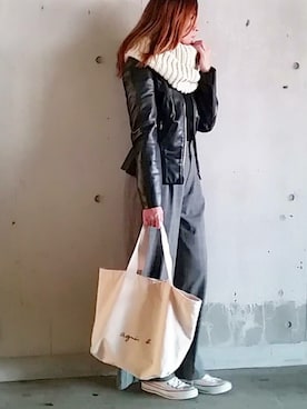 「Doシンプル部」｜「アイテム（ライダースジャケット）」を使った、SHOさん（レディース・164cm）の秋コーディネート