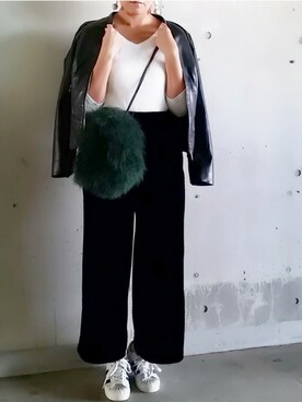 「リブT」｜「アイテム（ライダースジャケット）」を使った、SHOさん（レディース・164cm）の秋コーディネート