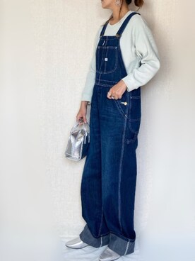 「ワッフルクルーネックＴ」｜「アイテム（オールインワン・サロペット）」を使った、SHOさん（レディース・165cm）の春コーディネート