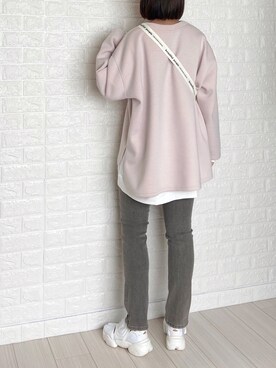 「MONO-MART（モノマート）のシルケットライク天竺 オーバーサイズイラストプリントL/Sカットソー/バックプリント（Tシャツ/カットソー）」を使った、SHOさん（レディース・165cm）の秋コーディネート