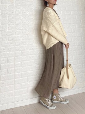 「ケーブルカーディガン」｜「アイテム（その他）」を使った、SHOさん（レディース・165cm）の秋コーディネート