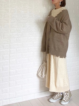 「ロングニット」｜「アイテム（その他）」を使った、SHOさん（レディース・165cm）の秋コーディネート