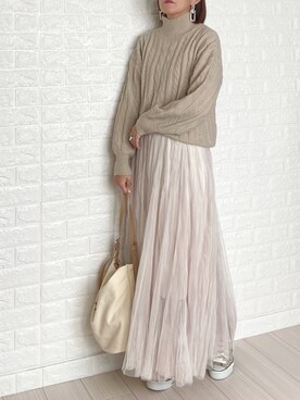 「LIPSTAR（リップスター）のマシンウォッシャブルケーブルハイネックニット/モックネック（ニット/セーター）」を使った、SHOさん（レディース・165cm）の秋コーディネート