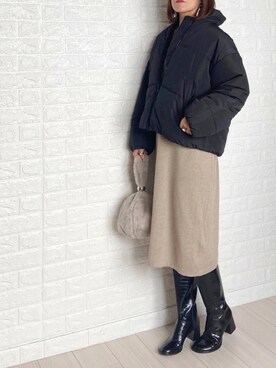 「レザーブーツ」｜「アイテム（ダウンジャケット/コート）」を使った、SHOさん（レディース・165cm）の秋コーディネート