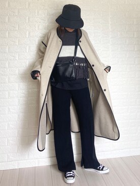 「ラインニット」｜「アイテム（その他アウター）」を使った、SHOさん（レディース・165cm）の冬コーディネート