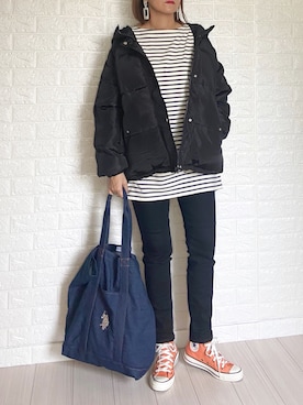 「ボーダートップス」｜「アイテム（チュニック）」を使った、SHOさん（レディース・165cm）の冬コーディネート