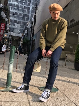 「無（ム）のアイテム（ハンチング/ベレー帽）」を使った、RYOGAさん（メンズ・185cm）の冬コーディネート