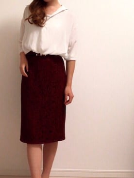 「GU（ジーユー）のアイテム（スカート、レッド系）」を使った、まゆみさん（レディース・164cm）の秋コーディネート