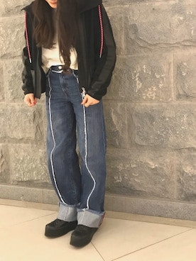 「ディーゼル」｜「アイテム（ライダースジャケット）」を使った、morimiiiさん（レディース・155cm）の春コーディネート