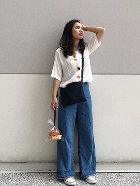 「アイテム（メッセンジャーバッグ、ブルー系）」を使った、藍さん（レディース・151cm）の夏コーディネート