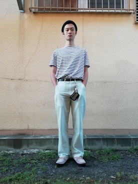 「MANEBU（マネブ）のアイテム（サンダル）」を使った、上野翼寛さん（メンズ・181cm）の夏コーディネート