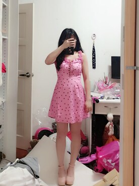 「無（ム）のアイテム（スカート、ピンク系）」を使った、林璇璇さん（レディース）の春コーディネート