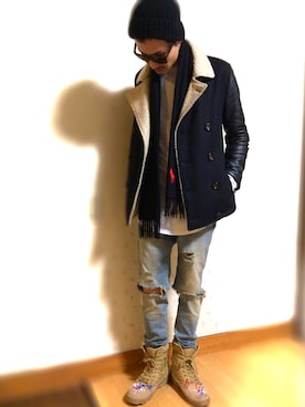 「Lui's（ルイス）のアイテム（ピーコート）」を使った、yu-yaさん（メンズ・180cm）の冬コーディネート