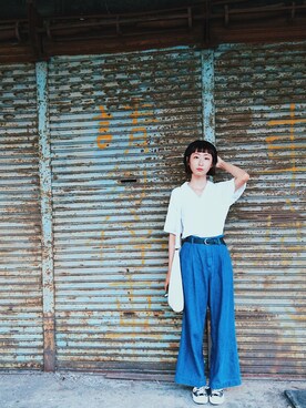 「GU（ジーユー）のアイテム（トップス、ホワイト系）」を使った、1Cさん（レディース・166cm）の夏コーディネート