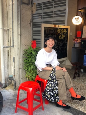 「無印良品（ムジルシリョウヒン）のアイテム（トップス、ホワイト系）」を使った、1Cさん（レディース・166cm）の秋コーディネート