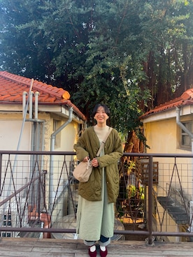 「GU（ジーユー）のアイテム（ジャケット/アウター、グリーン系）」を使った、1Cさん（レディース・166cm）の冬コーディネート