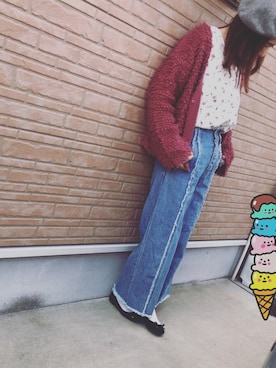 「花柄ブラウス」｜「しまむら（シマムラ）のアイテム（デニムパンツ）」を使った、はなさん（レディース・164cm）の冬コーディネート
