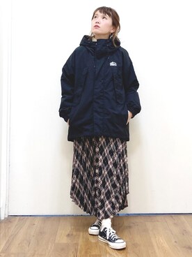 「チェック柄に恋してる」｜「アイテム（マウンテンパーカー）」を使った、m@さん（レディース・155cm）の秋コーディネート