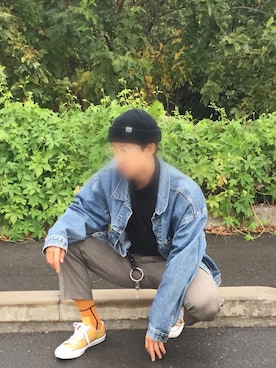 「SEVENDAYS=SUNDAY（セブンデイズサンデイ）のアイテム（ニットキャップ/ビーニー）」を使った、りくとさん（メンズ・177cm）の秋コーディネート