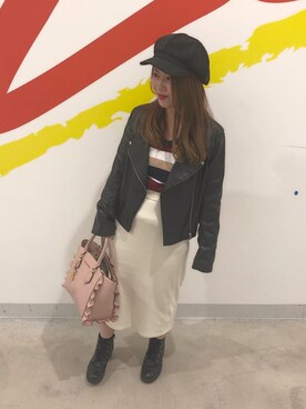 「LIPSERVICE（リップサービス）のアイテム（ライダースジャケット）」を使った、miinyanさん（レディース・146cm）の秋コーディネート