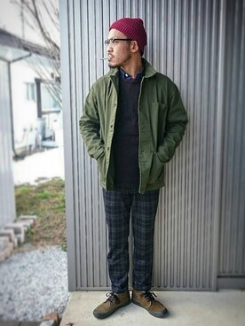 「ニットキャップ」｜「アイテム（カバーオール）」を使った、sawaさん（メンズ・172cm）の冬コーディネート