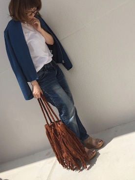「ブルーコーデ」｜「アイテム（ノーカラージャケット）」を使った、k.a.z.u106さん（レディース・156cm）の春コーディネート