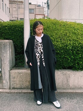 「UNIQLO（ユニクロ）のリブハイネックT（長袖）（Tシャツ/カットソー、ホワイト系）」を使った、yuukaさん（レディース・157cm）の秋コーディネート