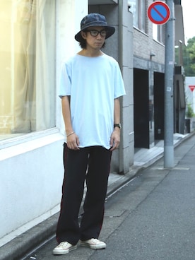 「FACTOTUM（ファクトタム）のアイテム（帽子）」を使った、Takahiro_Kudoseさん（メンズ・163cm）の夏コーディネート