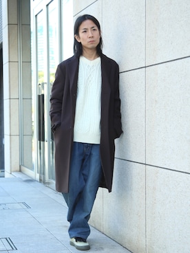 「FACTOTUM（ファクトタム）のアイテム（チェスターコート）」を使った、Takahiro_Kudoseさん（メンズ・163cm）の冬コーディネート