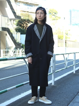 「FACTOTUM（ファクトタム）のアイテム（チェスターコート）」を使った、Takahiro_Kudoseさん（メンズ・163cm）の冬コーディネート